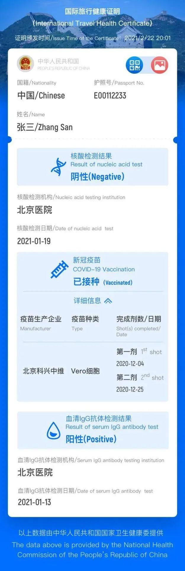 （中国版“国际旅行健康证明”电子版样例）